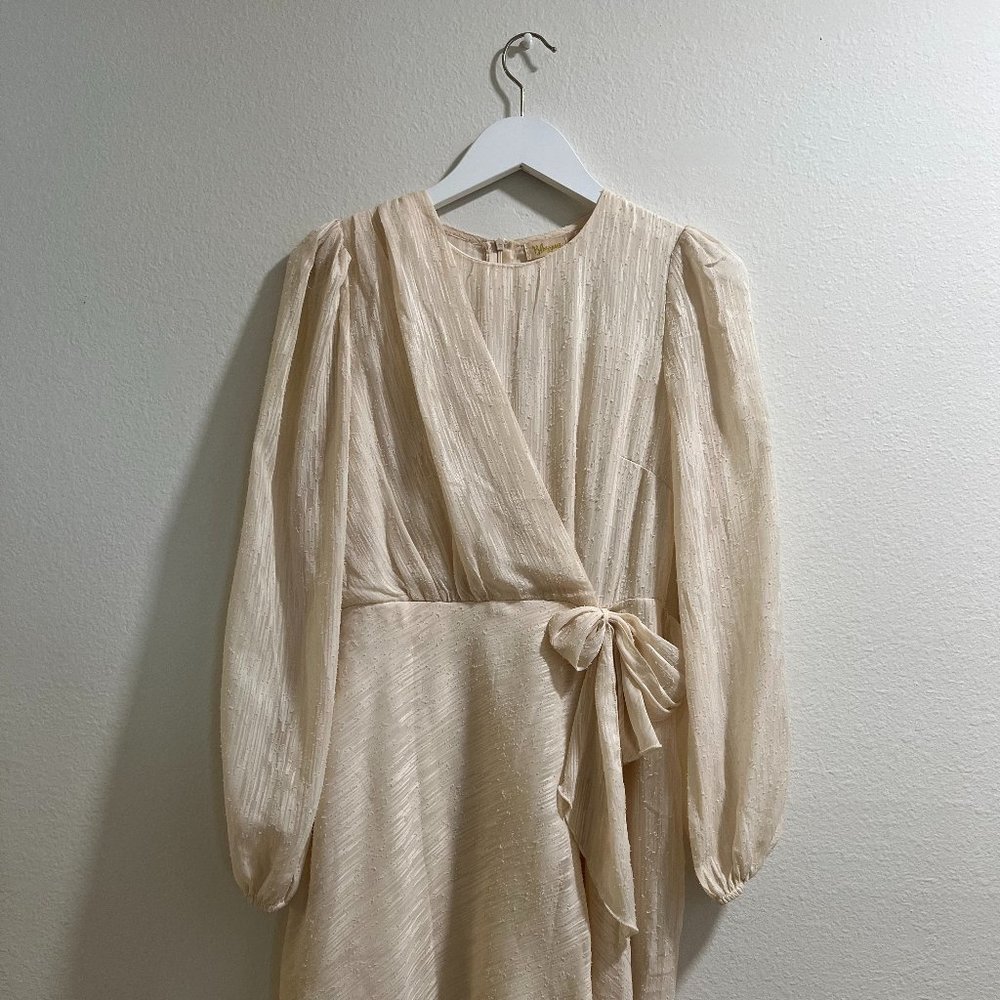 Cream Long Sleeved Textured Dress w/ Tie at Waist